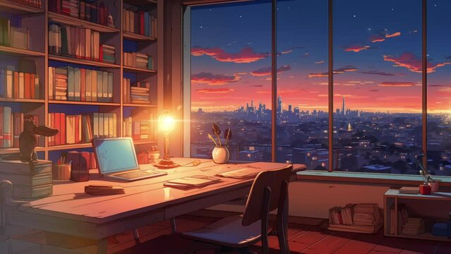 Animated illustration of a study table with educational ornaments and books at night. Digital painting or cartoon anime style, animated background. 4k loop background.