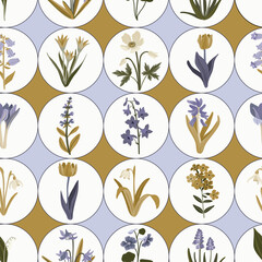 seamless geometric pattern with spring garden flowers, vector drawing flowering plants, floral cover design, hand drawn botanical illustration