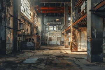 Fototapeta na wymiar Rundown factory with empty space, rusty surroundings. Industrial interior background.