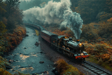 Steam train in the forest - obrazy, fototapety, plakaty
