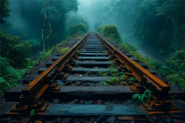 Garden poster Railway Railroad tracks in the fog