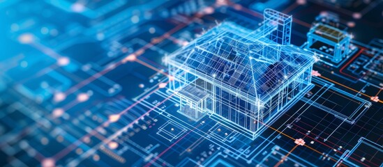 Beautiful house with modern circuitry on vibrant blue background, technology and architecture synergy