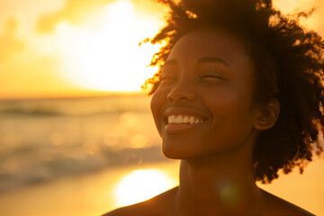 closeup A joyous black woman embracing herself on a beach at sunrise, exuding self-love and tranquility. - obrazy, fototapety, plakaty