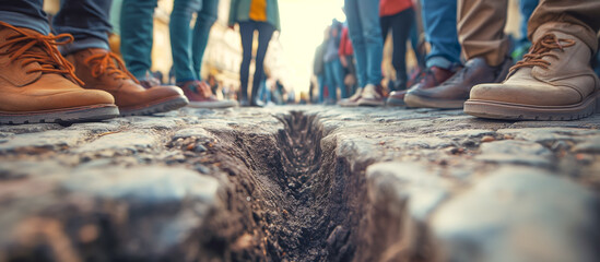 Ground level view showing two groups of people divided by a crack gap on the road - A metaphor for the modern political, social division and polarization  - obrazy, fototapety, plakaty