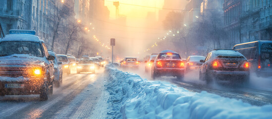 Heavy Traffic on a two way Snowy City Street at Dusk