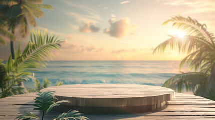 Obraz premium Summer product display on wooden podium at sea tropical beach. 