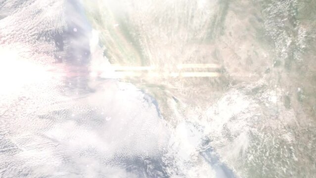 Earth zoom in from space and focus on Loma Linda, California, USA. 3D Animation. Satellite view. Background for travel intro. Images from NASA.