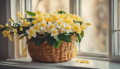 Yellow and white Arabian Jasmine flowers in wicker basket near window.
