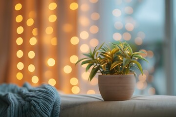 Chic and cozy living room decor enhanced by a potted plant, with a soft, blurred background for a relaxed vibe.