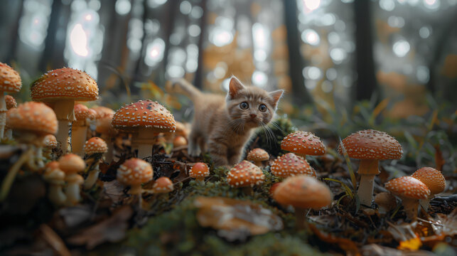 little orange kitten walking in the middle of the forest, fantasy world, mushrooms