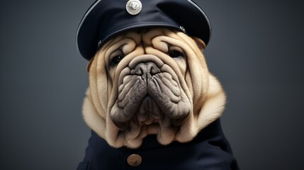 dog, Chinese Shar-Pei in police uniform - obrazy, fototapety, plakaty
