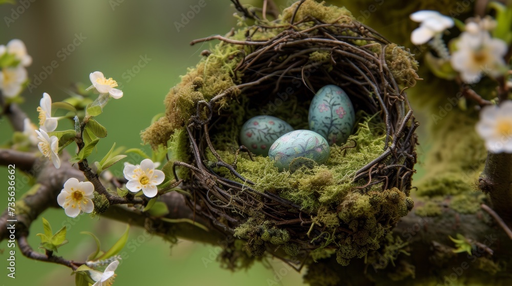 Poster a nest with three eggs in it on a tree branch, ai
