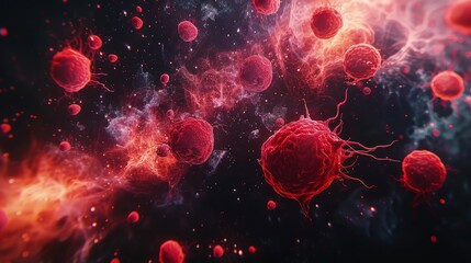 Ethereal Crimson: Floating Red Blood Cells on Black Background