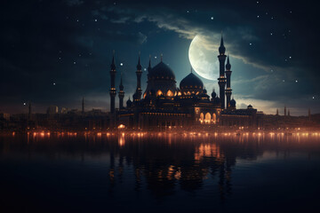 Fototapeta na wymiar Mosque with moon in the sky at night. Ramadan kareem banner, wallpaper. Eid Mubarak Ramadan Kareem. Eid al adha. Eid ai fitr