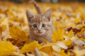 Naklejka na ściany i meble Adorable kitten frolicking in vibrant yellow autumn leaves, playful and cute outdoor scene.