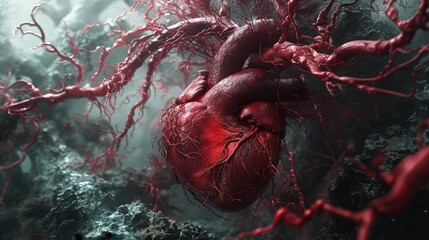 Mystical Heart: Realistic Photos of the Cardiovascular System Amidst Dark Forest Surroundings