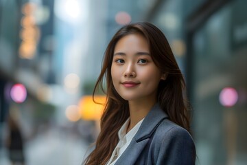Obraz premium Ambitious Asian businesswoman confidently striding through the city, symbolizing empowerment and progress in her career journey.