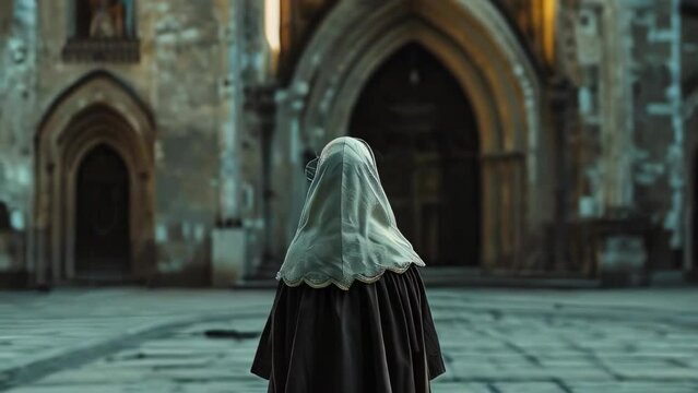 Young woman in niqab in front of the gothic church