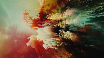 Obraz premium An abstract digital radio wave emerges, characterized by pixelated noise and glitch effects, creating a visually striking display