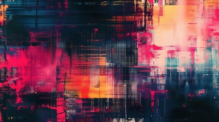 An abstract digital radio wave  emerges, characterized by pixelated noise and glitch effects, creating a visually striking display