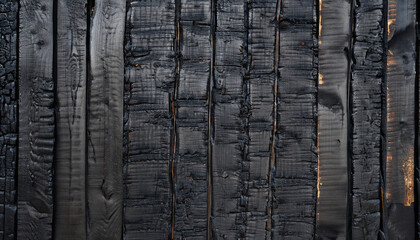 Fototapeta premium Charred black wooden wall with copy space. Abstract background with a burned boards textures closeup
