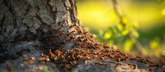 A close-up shot of a group of black ants crawling and foraging on a textured tree trunk in the...