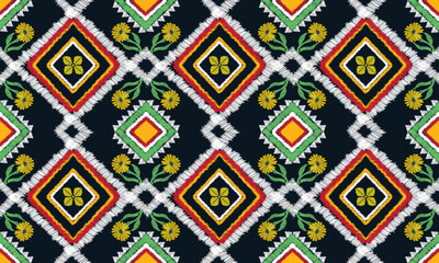 Floral paisley embroidery on black background.Ikat ethnic oriental pattern traditional. Ethnic pattern style. Design for ikat, blanket, fabric, clothing, carpet, textile, ethnic, batik, embroidery.