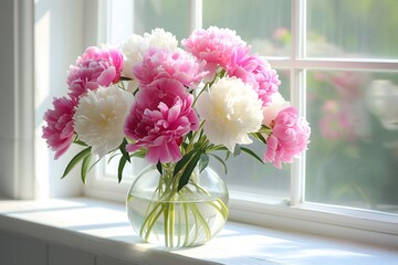 Beautiful pink and white peonies in vase on windowsill, with white background. Ideal backdrop.