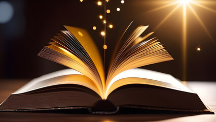 Magic book, golden sparkles fly out of the book.