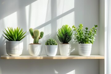 Assorted indoor plants in modern pots on a bright Airy shelf against a minimalist background