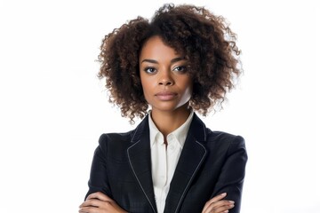 Fototapeta na wymiar Businesswoman portrait isolated on a white background Capturing the professional and trustworthy image of an afro businesswoman in a suit with crossed arms.