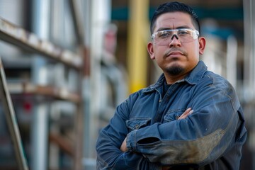 Candid shot capturing the confidence and professionalism of a hispanic male factory worker Standing with arms crossed in the industrial construction industry