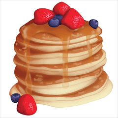 illustration of strawberry and blueberry pancakes with honey