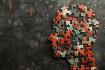 Cognitive psychology concept Human head profile with jigsaw puzzle pieces Mental health and insight