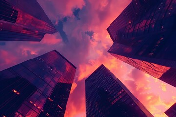 Dramatic low angle shot of sleek modern skyscrapers under a vibrant sky Highlighting architectural brilliance and urban grandeur - obrazy, fototapety, plakaty