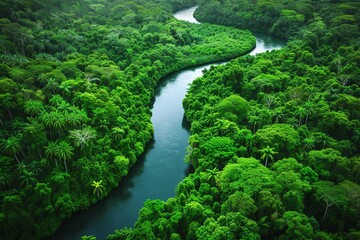 Fototapeta na wymiar Drone view of a river meandering through a lush rainforest Offering a breathtaking perspective of nature's serenity and the richness of the ecosystem