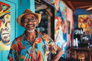 Obraz premium Eclectic caf owner with a welcoming smile Standing by the entrance of his vibrant Art-filled coffee house Embodying the spirit of community and creativity