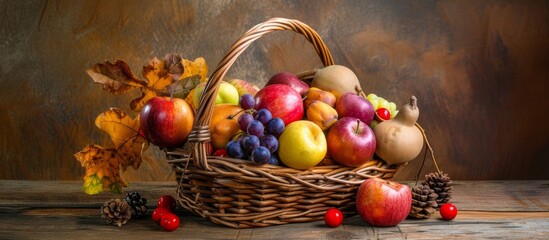 Fresh and Delicious Fruit and Nuts in a Wicker Basket on Wooden Table