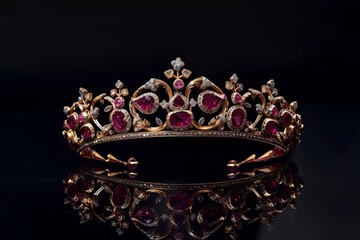 Exquisite gold crown adorned with rubies and diamonds Symbolizing royal elegance