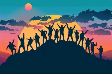 Inspirational group of people celebrating on a mountain top Unity and triumph Motivational and uplifting - obrazy, fototapety, plakaty