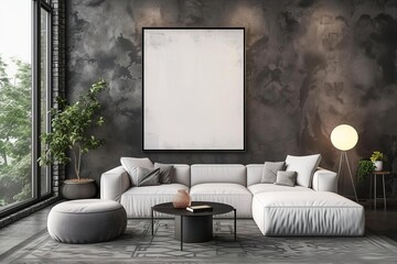 Modern living room interior showcasing a 3d canvas frame mockup Blending seamlessly with contemporary design