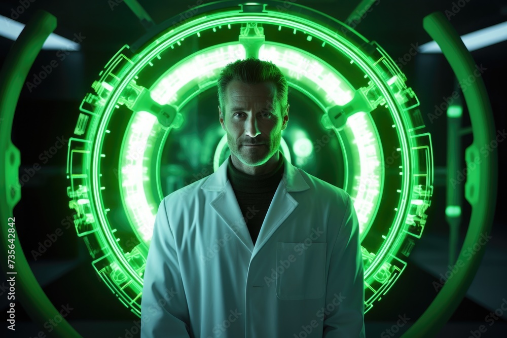 Aufkleber a man in a lab coat standing in front of a green circle. generative ai.
