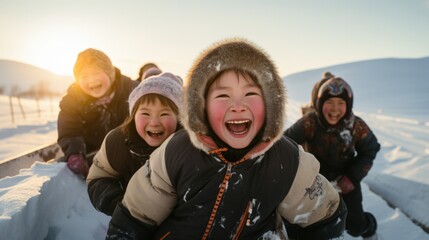 A group of children laughing in the snow. Generative AI.