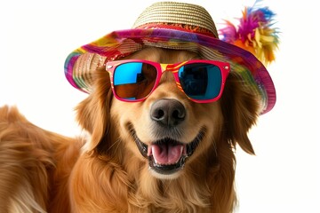 Party dog wearing a colorful summer hat and stylish sunglasses Set against a white background Capturing a fun and celebratory mood perfect for joyful occasions