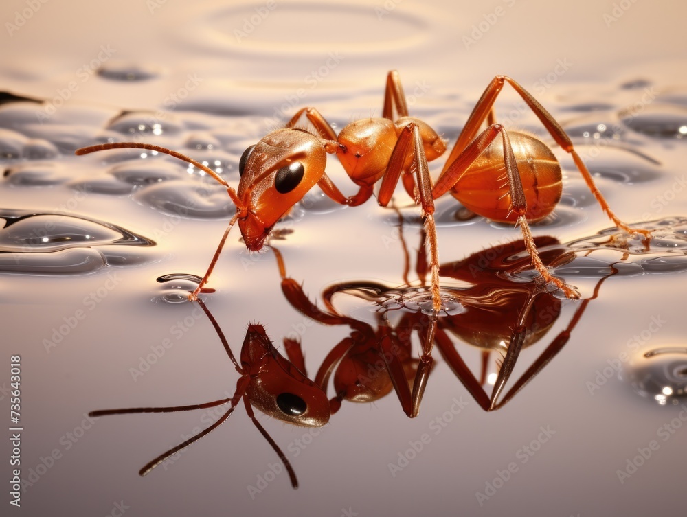 Poster an ant is standing in water with droplets on it. generative ai.