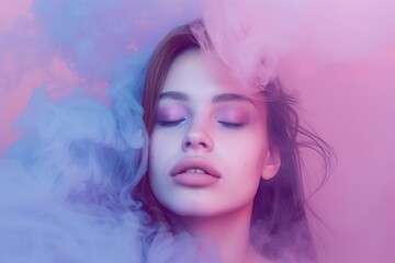 Portrait of a young woman enveloped in a cloud of pink and purple smoke Against a soft pastel background