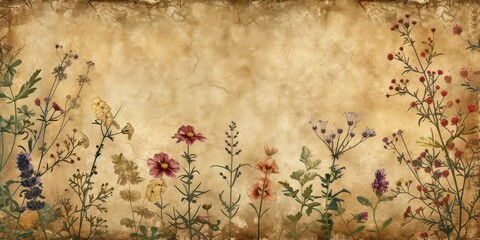 Vintage paper background with delicate botanical printed flowers and leaves on stained.