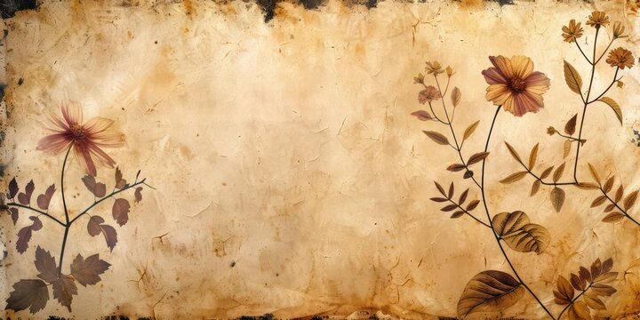 Vintage paper background with delicate botanical printed flowers and leaves on stained.