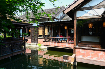 Taoyuan City, Taiwan- AUG 24, 2023: Chinese teahouse courtyard landscaping