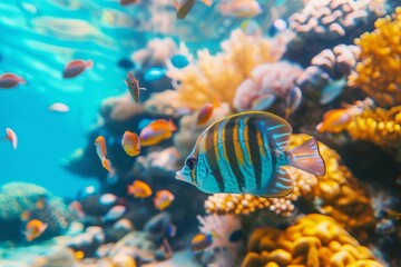 Underwater seascape showcasing vibrant tropical fish among colorful coral reefs A diver's paradise - obrazy, fototapety, plakaty